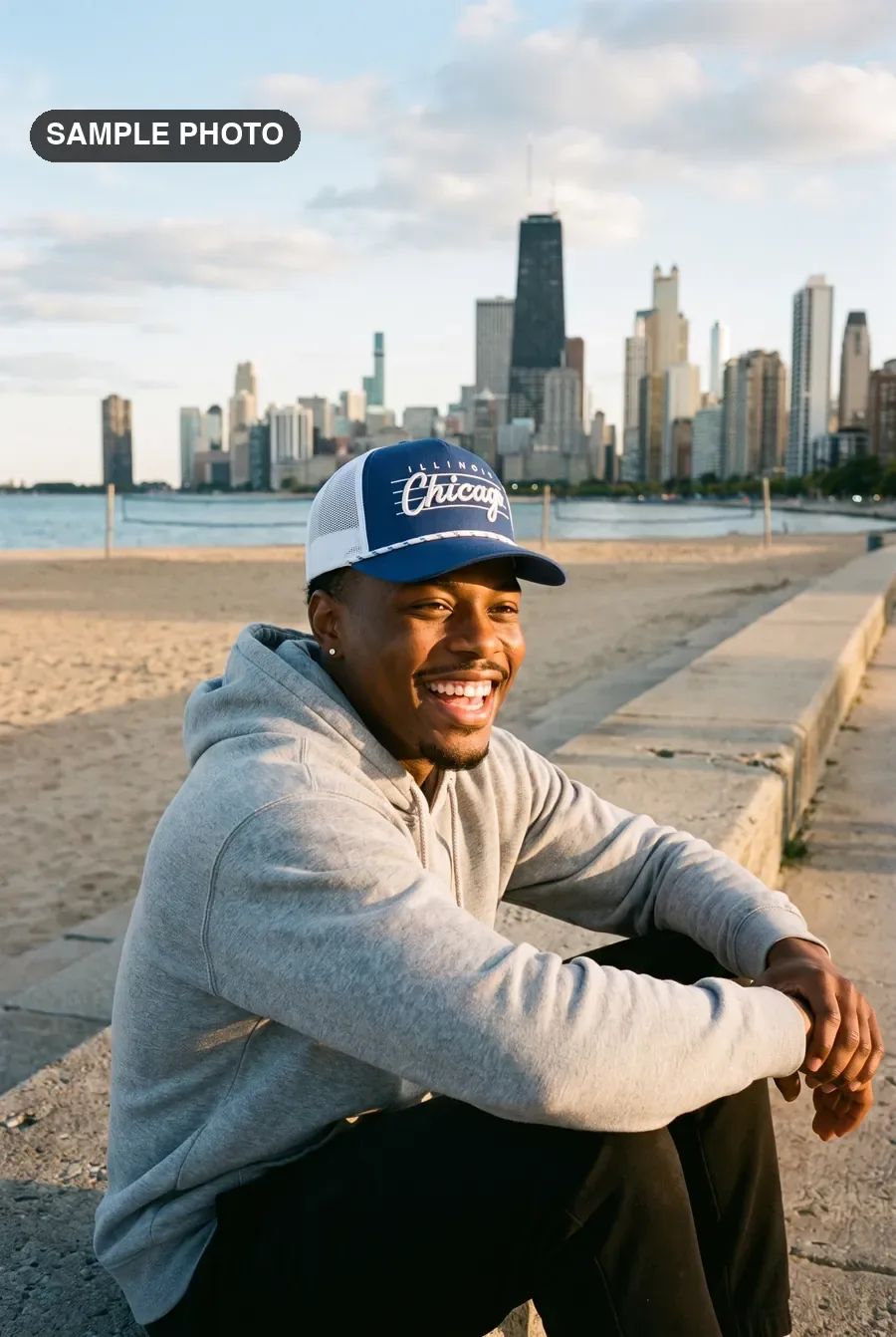 Man in a navy Illinois Chicago trucker on the North Avenue Beach seawall