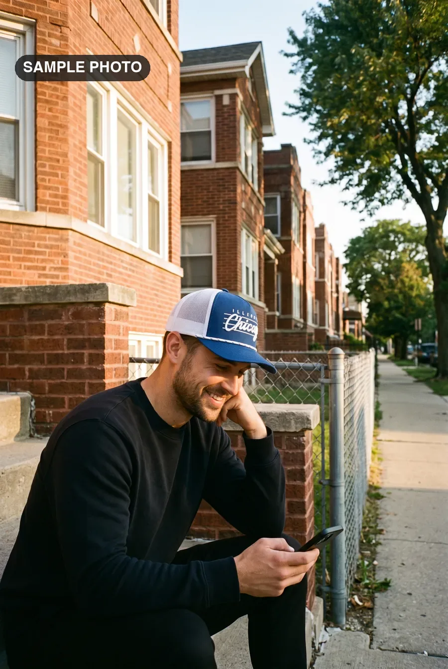 Man in a navy Illinois Chicago trucker on the front steps of a Bridgeport two-flat