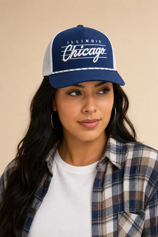 Woman in a navy Illinois Chicago cap